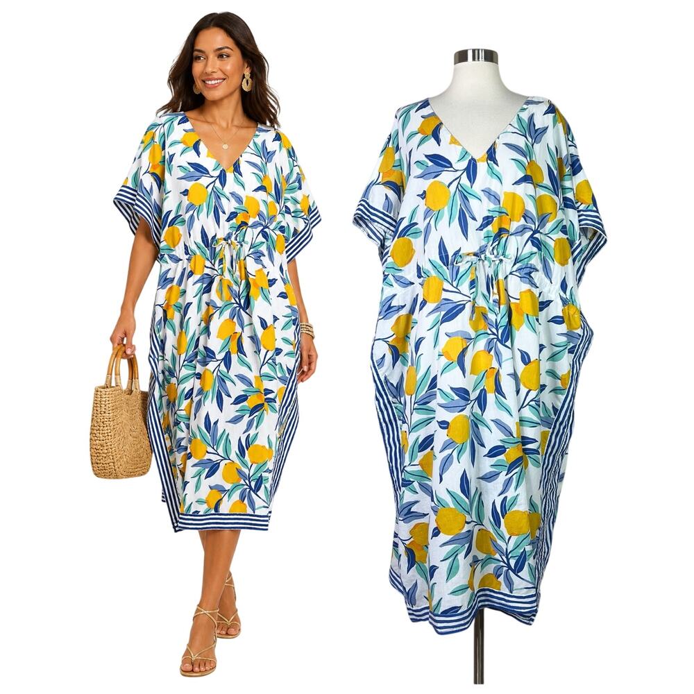 Printfresh | Lemon Print Organic Cotton Resort Kaftan Midi Dress One Size OS